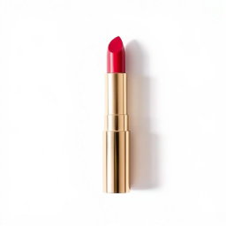 Professional photographs of a luxurious lipstick tube placed vertically on a pristine white background, showcasing the shiny metallic packaging and vibrant shade of the lipstick