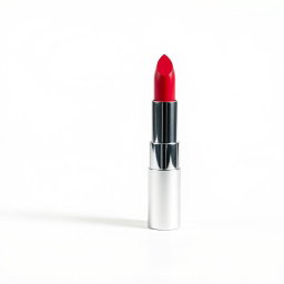 Professional photographs of a luxurious lipstick tube placed vertically on a pristine white background, showcasing the shiny metallic packaging and vibrant shade of the lipstick