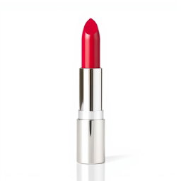 Professional photographs of a luxurious lipstick tube placed vertically on a pristine white background, showcasing the shiny metallic packaging and vibrant shade of the lipstick