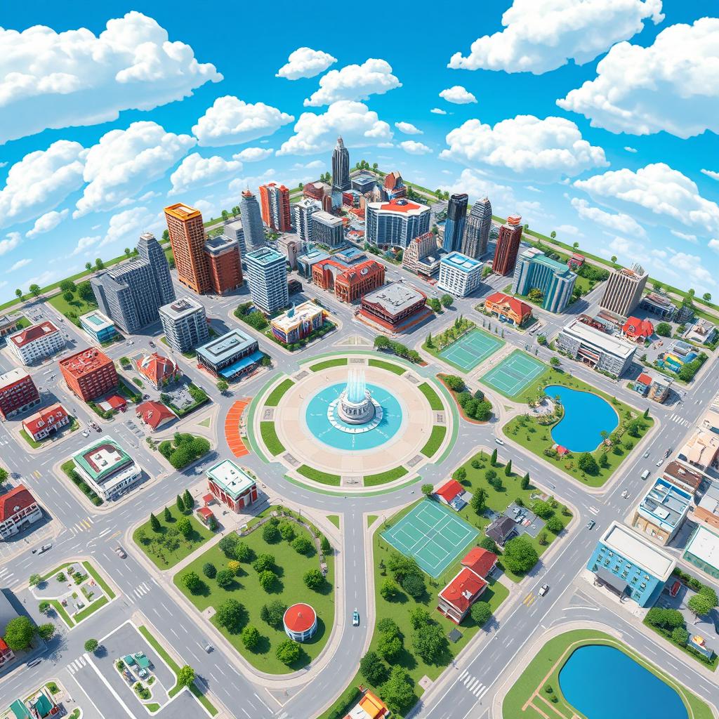 A detailed urban map design for a Roblox city featuring various neighborhoods, parks, and landmarks