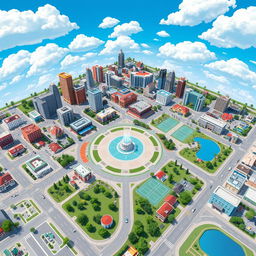 A detailed urban map design for a Roblox city featuring various neighborhoods, parks, and landmarks
