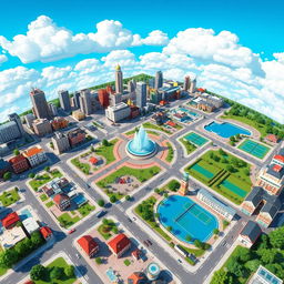 A detailed urban map design for a Roblox city featuring various neighborhoods, parks, and landmarks