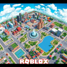 A detailed urban map design for a Roblox city featuring various neighborhoods, parks, and landmarks