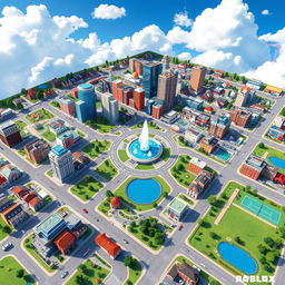A detailed urban map design for a Roblox city featuring various neighborhoods, parks, and landmarks