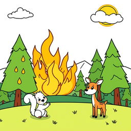 An outline illustration of a wildfire scene suitable for coloring for kindergarten and elementary school children