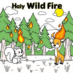 An outline illustration of a wildfire scene suitable for coloring for kindergarten and elementary school children