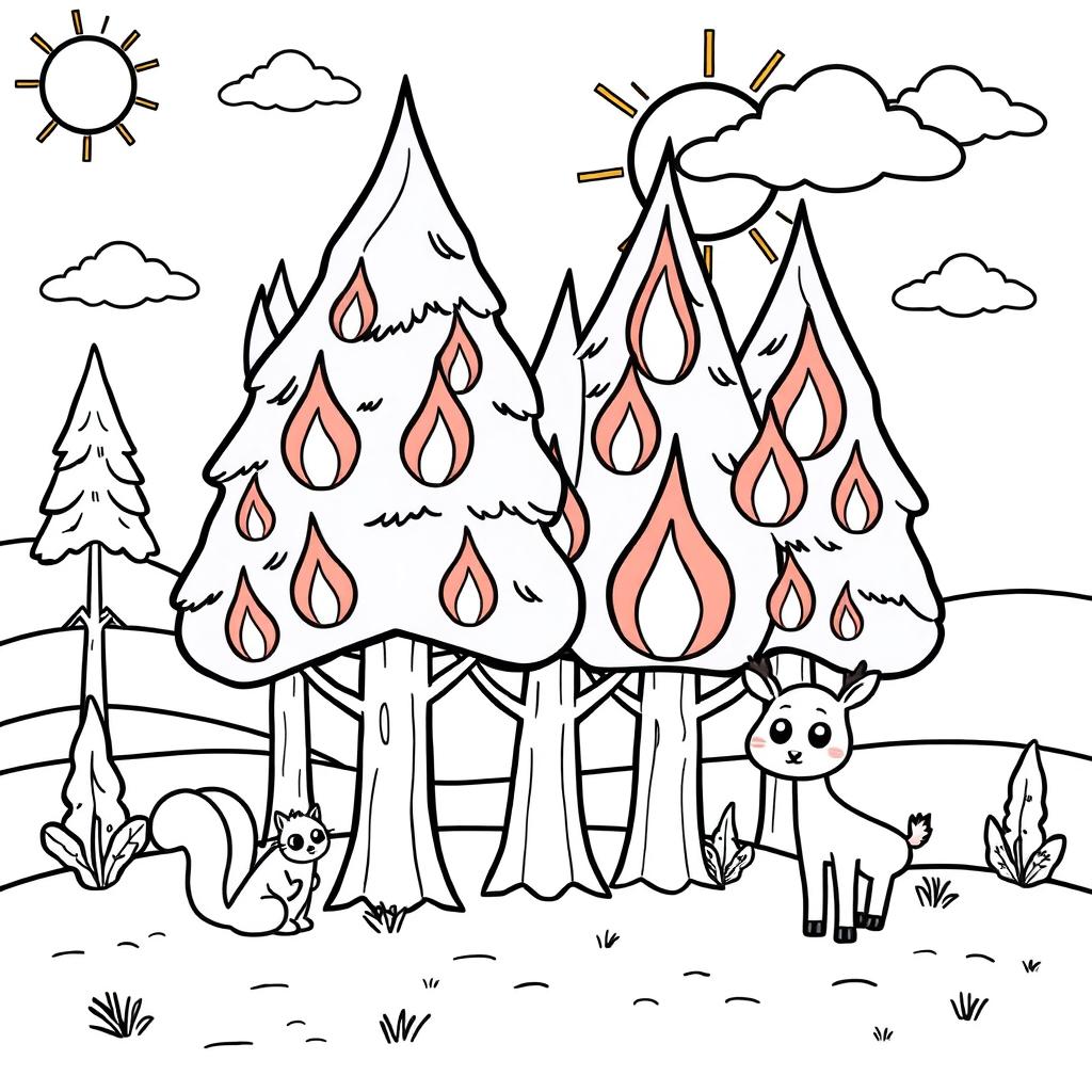 An outline illustration of a wildfire scene suitable for coloring for kindergarten and elementary school children