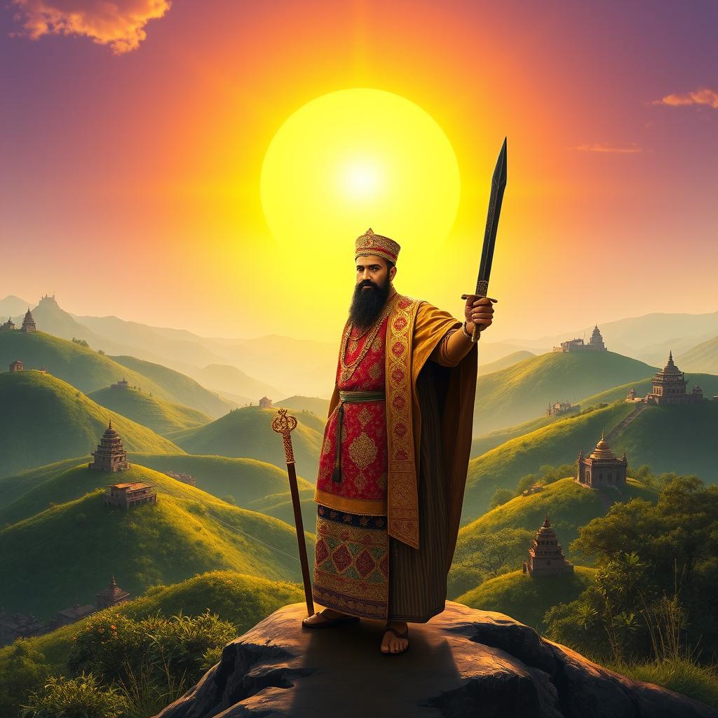 An artistic depiction of Prithvi Narayan Shah, the founder of modern Nepal, standing confidently on a hilltop overlooking the lush Kathmandu Valley