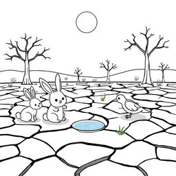 An outline illustration depicting a drought scene suitable for coloring for kindergarten and elementary school children