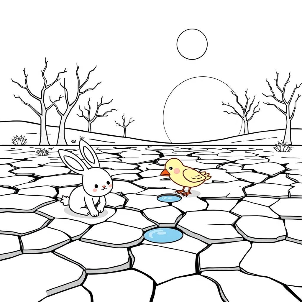 An outline illustration depicting a drought scene suitable for coloring for kindergarten and elementary school children