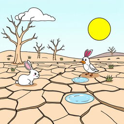 An outline illustration depicting a drought scene suitable for coloring for kindergarten and elementary school children