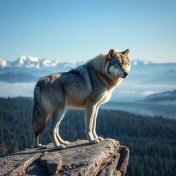 A stunning, high-resolution photograph of a majestic wolf standing proudly on a rocky cliff, overlooking a vast, misty landscape