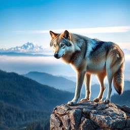 A stunning, high-resolution photograph of a majestic wolf standing proudly on a rocky cliff, overlooking a vast, misty landscape