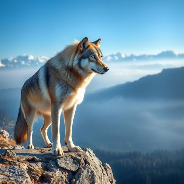A stunning, high-resolution photograph of a majestic wolf standing proudly on a rocky cliff, overlooking a vast, misty landscape