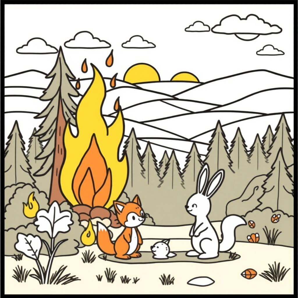 An outline illustration of a wildfire scene designed for coloring for elementary school children