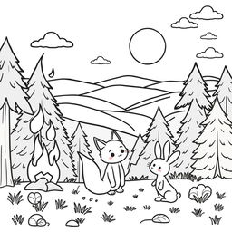 An outline illustration of a wildfire scene designed for coloring for elementary school children