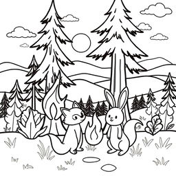 An outline illustration of a wildfire scene designed for coloring for elementary school children