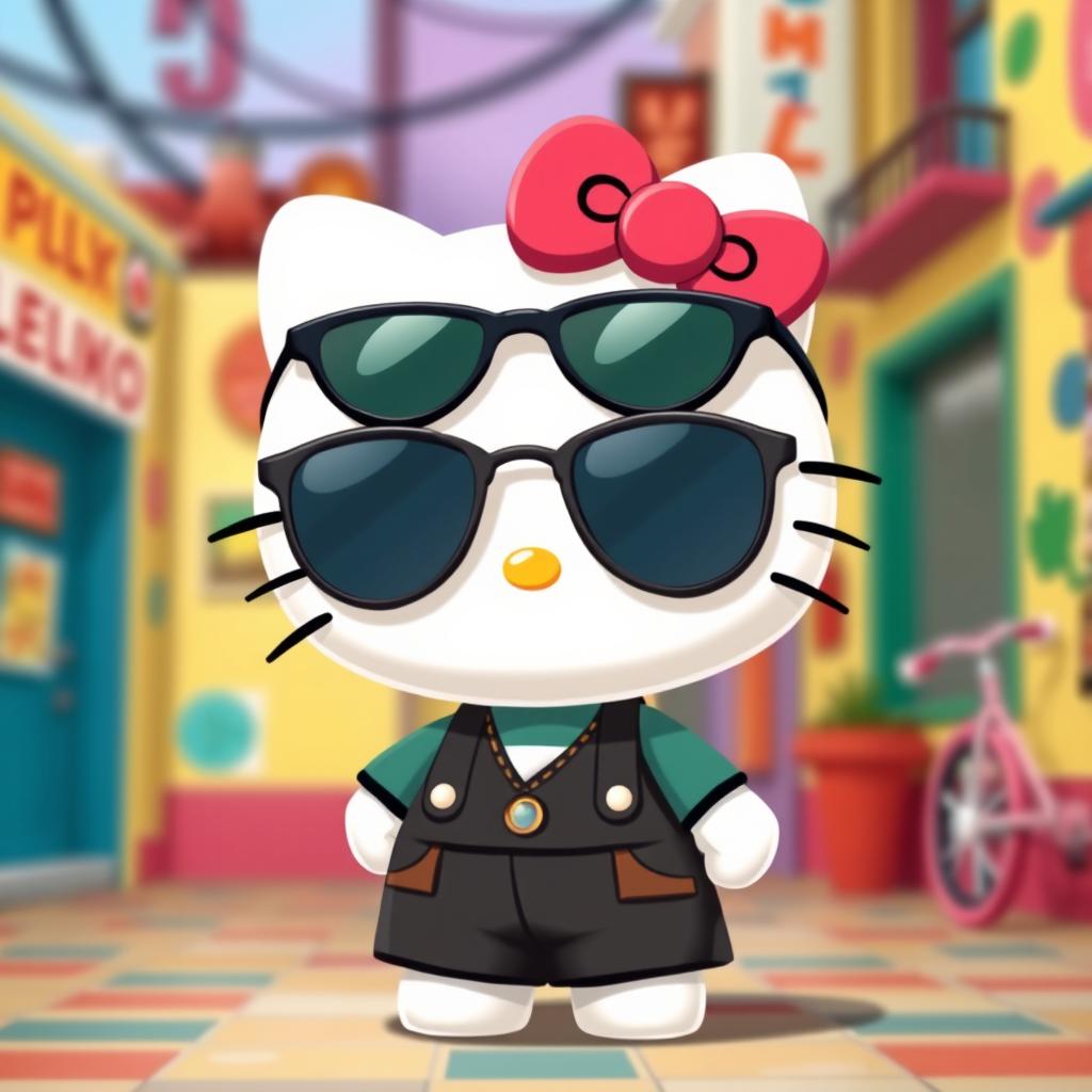 A whimsical reinterpretation of Hello Kitty as a cool hombre character, featuring Hello Kitty's iconic bow, sunglasses, and a stylish outfit