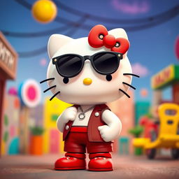 A whimsical reinterpretation of Hello Kitty as a cool hombre character, featuring Hello Kitty's iconic bow, sunglasses, and a stylish outfit