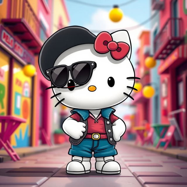 A whimsical reinterpretation of Hello Kitty as a cool hombre character, featuring Hello Kitty's iconic bow, sunglasses, and a stylish outfit