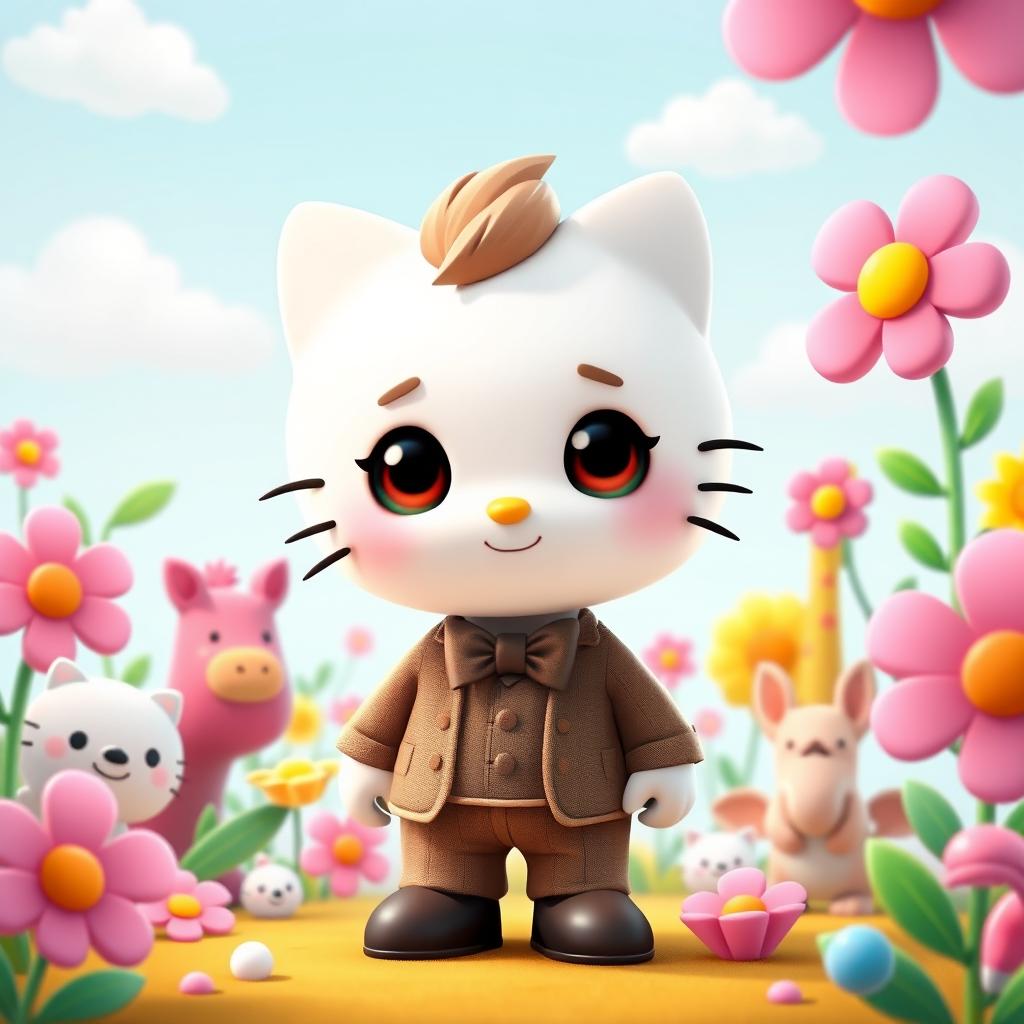 A whimsical and playful character design featuring a male version of Hello Kitty