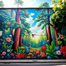 A vibrant, colorful street mural depicting a mystical forest scene with tall trees, abundant foliage, and magical creatures