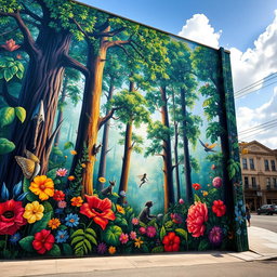 A vibrant, colorful street mural depicting a mystical forest scene with tall trees, abundant foliage, and magical creatures