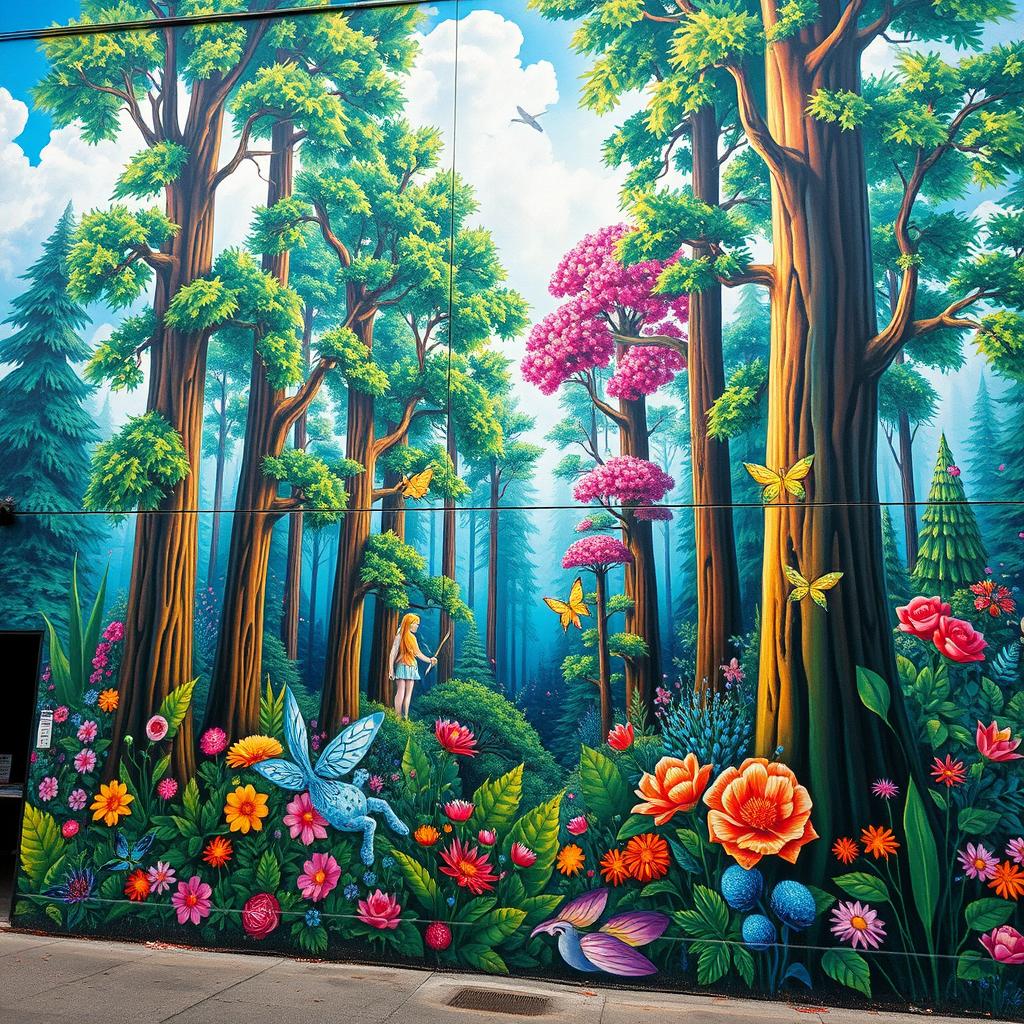 A vibrant, colorful street mural depicting a mystical forest scene with tall trees, abundant foliage, and magical creatures