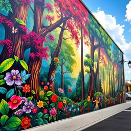 A vibrant, colorful street mural depicting a mystical forest scene with tall trees, abundant foliage, and magical creatures
