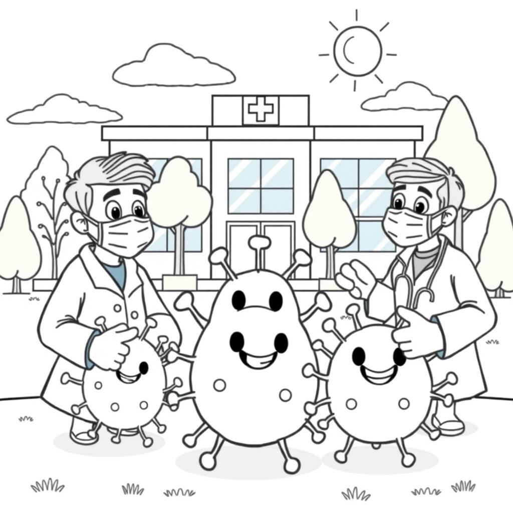 An outline illustration depicting a scene of a disease outbreak designed for coloring, suitable for kindergarten and elementary school children