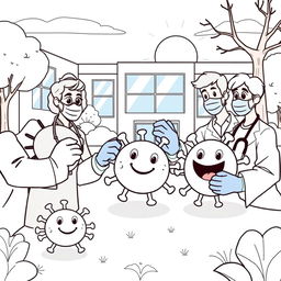 An outline illustration depicting a scene of a disease outbreak designed for coloring, suitable for kindergarten and elementary school children