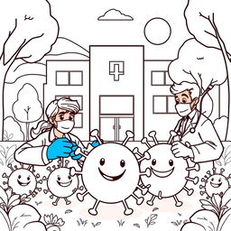 An outline illustration depicting a scene of a disease outbreak designed for coloring, suitable for kindergarten and elementary school children
