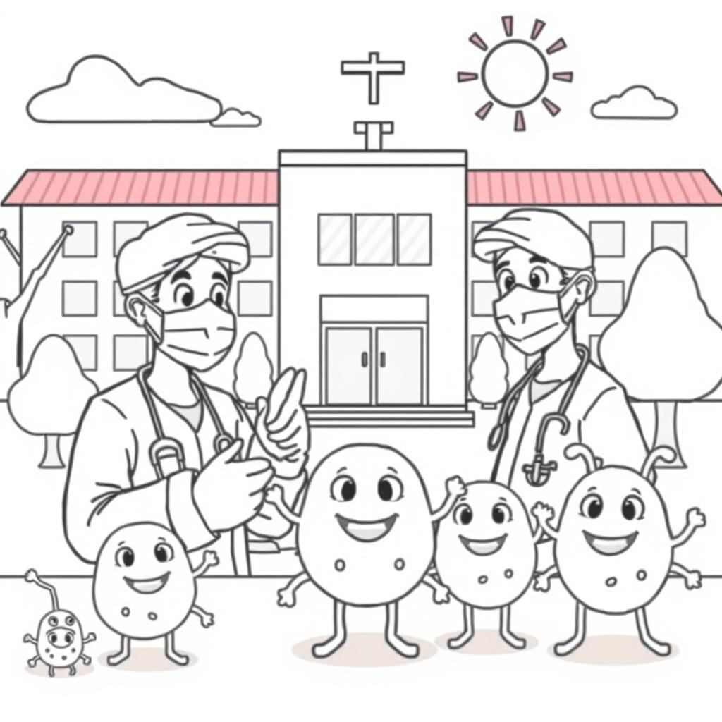An outline illustration depicting a disease outbreak scene designed for coloring, suitable for kindergarten and elementary school children