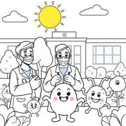 An outline illustration depicting a disease outbreak scene designed for coloring, suitable for kindergarten and elementary school children