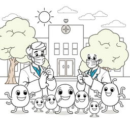 An outline illustration depicting a disease outbreak scene designed for coloring, suitable for kindergarten and elementary school children