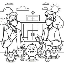 An outline illustration depicting a disease outbreak scene designed for coloring, suitable for kindergarten and elementary school children