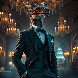 A draconic sorcerer dressed in an elegant, tailored suit that combines both sophistication and mystique