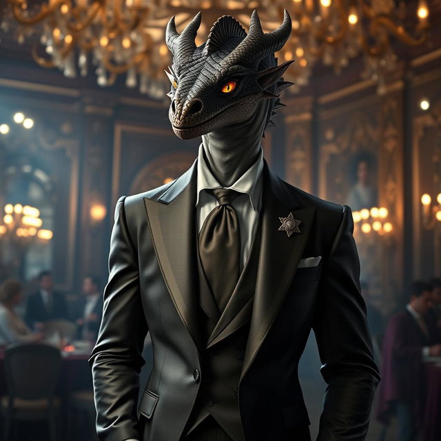 A draconic sorcerer dressed in an elegant, tailored suit that combines both sophistication and mystique