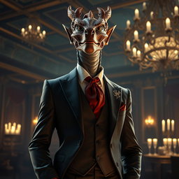 A draconic sorcerer dressed in an elegant, tailored suit that combines both sophistication and mystique