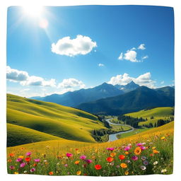 A beautifully detailed outline of a landscape featuring rolling green hills under a bright blue sky, with fluffy white clouds and a small winding river flowing through the scene