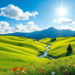 A beautifully detailed outline of a landscape featuring rolling green hills under a bright blue sky, with fluffy white clouds and a small winding river flowing through the scene