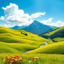 A beautifully detailed outline of a landscape featuring rolling green hills under a bright blue sky, with fluffy white clouds and a small winding river flowing through the scene