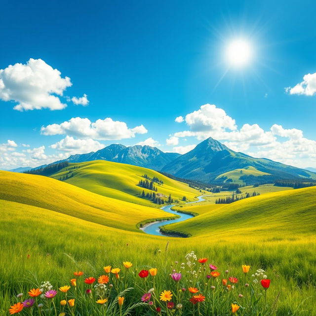 A beautifully detailed outline of a landscape featuring rolling green hills under a bright blue sky, with fluffy white clouds and a small winding river flowing through the scene