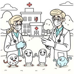 An outline illustration depicting a disease outbreak scene designed for coloring, specifically for kindergarten and elementary school children