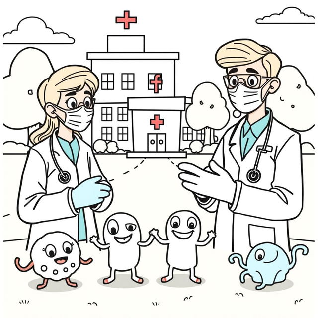 An outline illustration depicting a disease outbreak scene designed for coloring, specifically for kindergarten and elementary school children