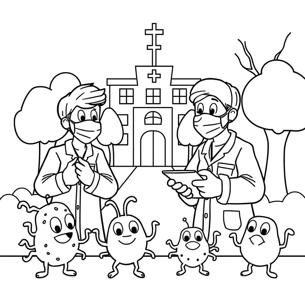 An outline illustration depicting a disease outbreak scene designed for coloring, specifically for kindergarten and elementary school children