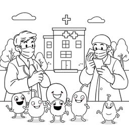 An outline illustration depicting a disease outbreak scene designed for coloring, specifically for kindergarten and elementary school children