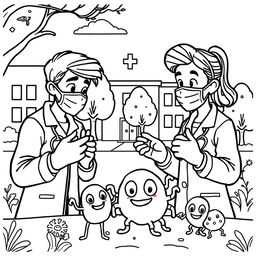 An outline illustration depicting a disease outbreak scene designed for coloring, specifically for kindergarten and elementary school children