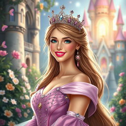 A beautiful princess with vibrant pink lips and a sparkling crown adorned with jewels, dressed in a luxurious gown that flows elegantly