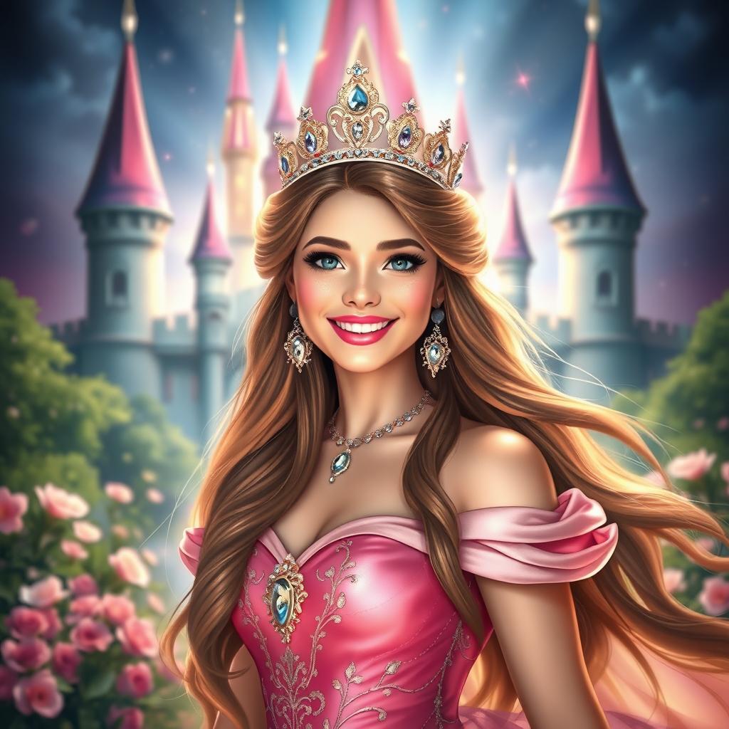 A beautiful princess with vibrant pink lips and a sparkling crown adorned with jewels, dressed in a luxurious gown that flows elegantly